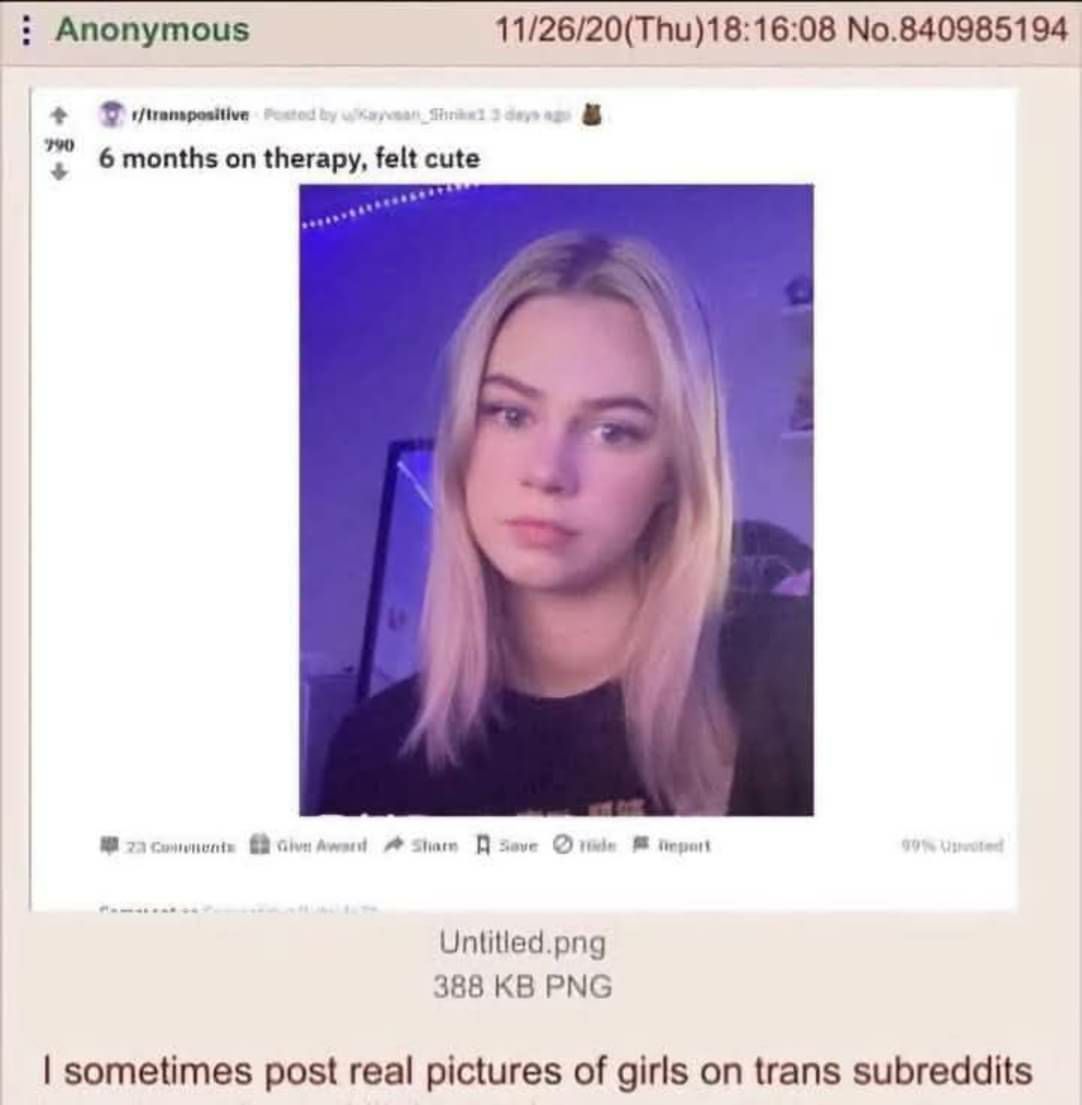 Anonymous 11/26/20(Thu)18:16:08 No.840985194 6 months on therapy, 2 Give Untitled.png 388 PNG sometimes post real pictures of girls on trans subreddits