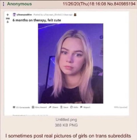 Anonymous 11/26/20(Thu)18:16:08 No.840985194 6 months on therapy, 2 Give Untitled.png 388 PNG sometimes post real pictures of girls on trans subreddits