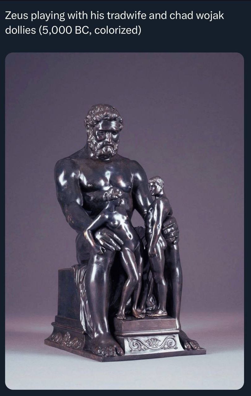Zeus playing with his tradwife and chad wojak dollies (5,000 colorized) {а