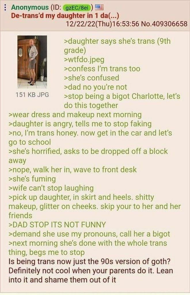 Anonymous my daughter i in 1 No.409306658 >daughter says she’s trans grade) >wtfdo.jpeg >confess trans too >she’s confused >dad no you're not 151 JPG >stop being a bigot Charlotte, let's this together