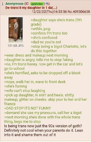 Anonymous my daughter i in 1 No.409306658 >daughter says she’s trans grade) >wtfdo.jpeg >confess trans too >she’s confused >dad no you're not 151 JPG >stop being a bigot Charlotte, let's this together