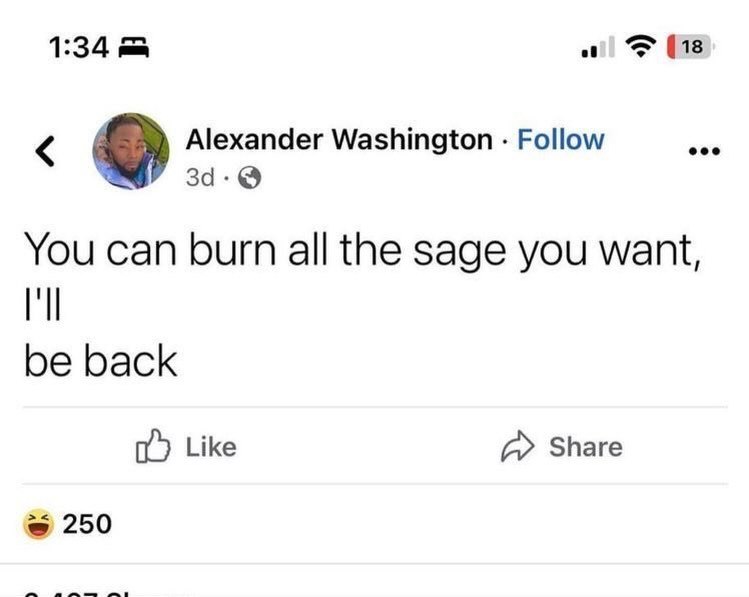 1:34 of [18 Alexander Washington Follow eee за. You can burn all the sage you want, be back Like ДА» Share 250