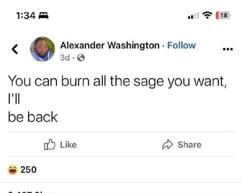 1:34 of [18 Alexander Washington Follow eee за. You can burn all the sage you want, be back Like ДА» Share 250