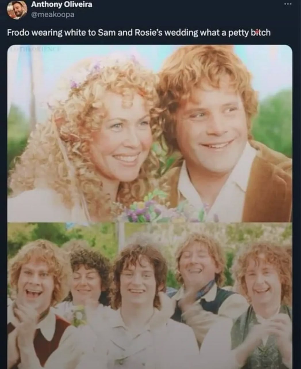 Anthony Oliveira Frodo wearing white to Sam and Rosie’s wedding what а petty