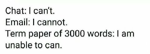 Chat: can't. Email: cannot. Term paper of 3000 words: unable to can.