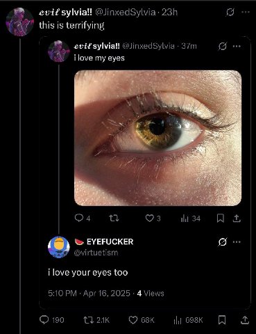 a evit зума! this is terrifying evit зума! @JinxedSylvia i love my eyes 5 tli 34 EYEFUCKER @virtuetism i love your eyes too 5:10 Apr 16, 2025 4 Views 190