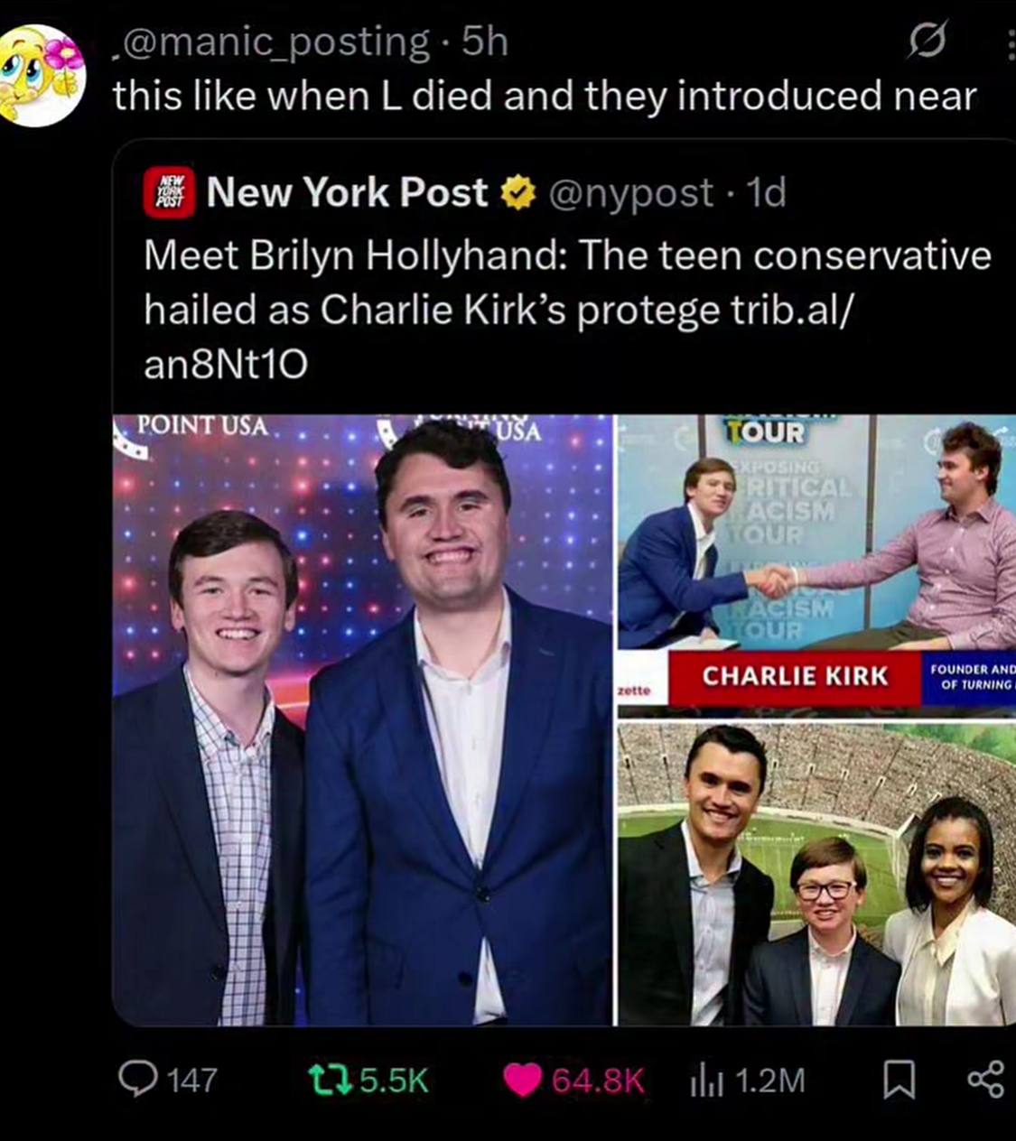 „@тап!с posting this like when died and they introduced near New York Post @nypost Meet Brilyn Hollyhand: The teen conservative hailed as Charlie Kirk’s protege trib.al/ POINT USA У 4 CHARLIE KIRK i 1