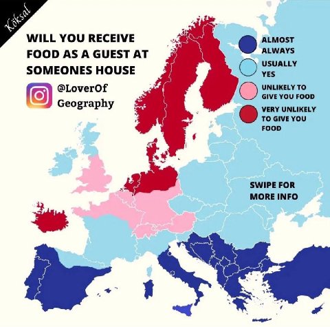 WILL YOU RECEIVE ALMOST ALWAYS FOOD AS A GUEST AT USUALLY SOMEONES HOUSE YES @LoverOf GIVE YOU FOOD UNLIKELY TO Geography VERY UNLIKELY О TO GIVE YOU FOOD SWIPE FOR MORE INFO