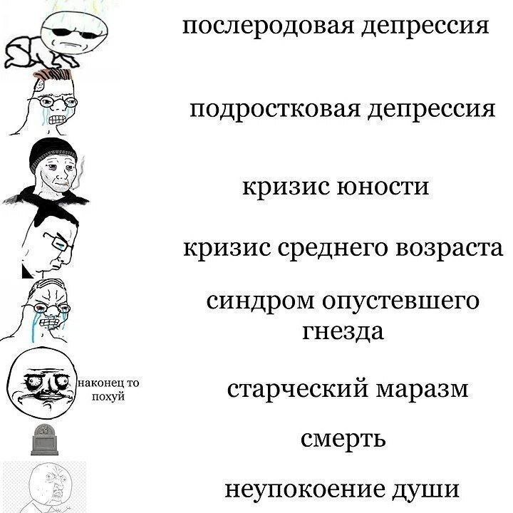 послеродовая депрессия подростковая депрессия кризис юности кризис среднего возраста синдром опустевшего гнезда наконец TO похуй старческий маразм смерть неупокоение души