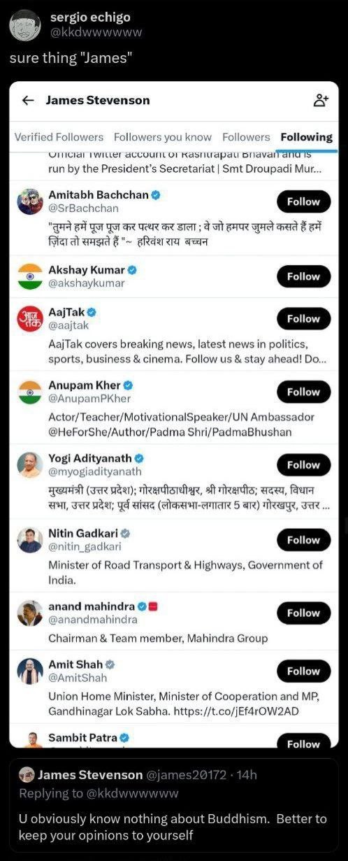 sure thing "James" James Stevenson 2+ a Verified Follower Followers you know Follower Following 5пауай эта 5 run the President’s Secretariat Smt Droupadi Mur... Amitabh Bachchan OST а 6 ger Akshay Kum