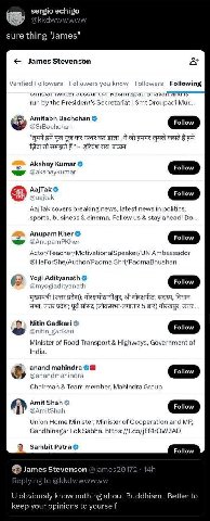 sure thing "James" James Stevenson 2+ a Verified Follower Followers you know Follower Following 5пауай эта 5 run the President’s Secretariat Smt Droupadi Mur... Amitabh Bachchan OST а 6 ger Akshay Kum