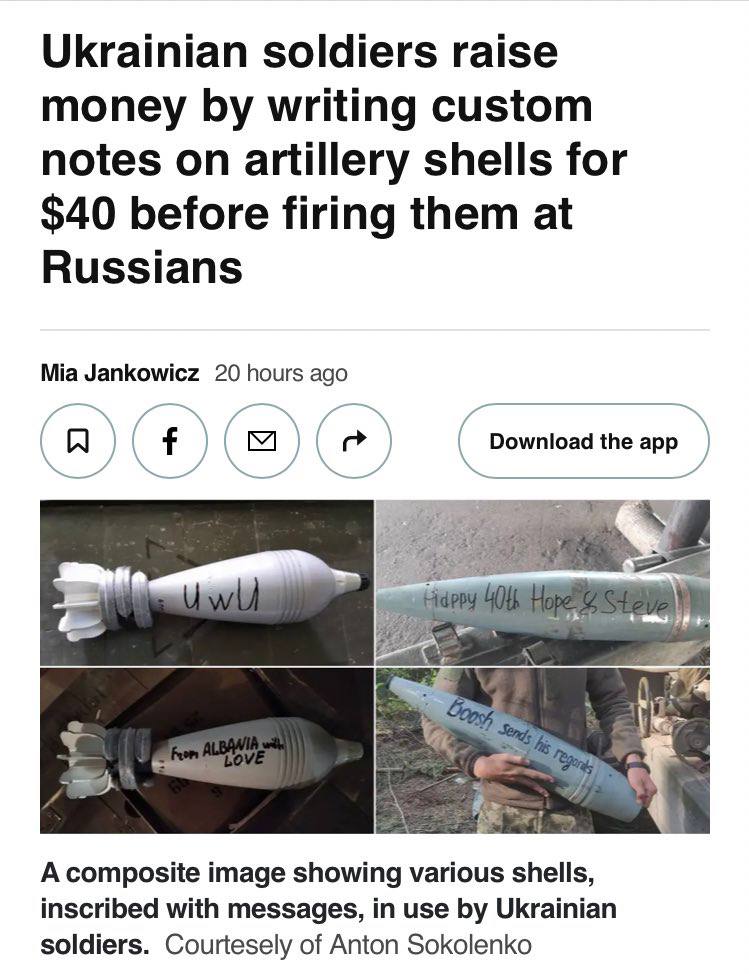 Ukrainian soldiers raise money writing custom notes on artillery shells for $40 before firing them at Russians Mia Jankowicz 20 hours ago Download the app A A composite image showing various shells, i