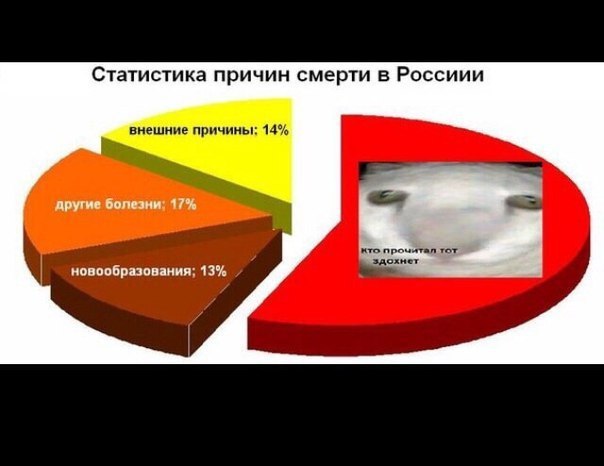 Статистика причин смерти в Россиии внешние причины: 14% кто прочитал тот здохнет новообразования; 13%