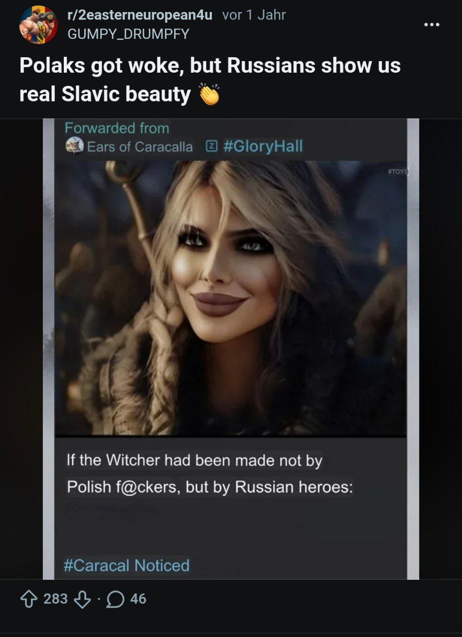 r/2easterneuropean4u vor 1 Jahr GUMPY_DRUMPFY Polaks got woke, but Russians show real Slavic beauty Forwarded from Ears of Caracalla #GloryHall If the Witcher had been made not Polish f@ckers, but Rus