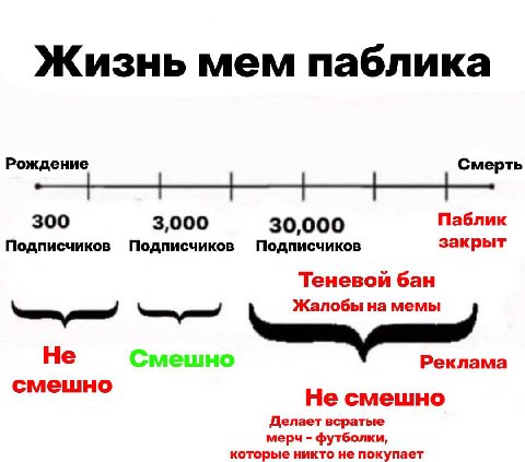 Жизнь мем паблика Рождение Смерть 300 3,000 30,000 Паблик Подписчиков Подписчиков Подписчиков закрыт Теневой бан Жалобы на мемы Не Реклама смешно Не смешно Делает всратые мерч футболки, которые никто 