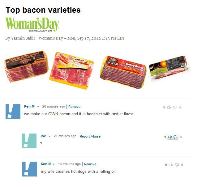 Top bacon varieties WomansD а LIVE WELL EVERY DAY Yasmin Sabir Woman's Day Mon, Sep 17, 2012 1:13 EDT KenM 26 minutes ago Remove 0 0 we make our OWN bacon and it is healthier with tastier flavor Joe 2