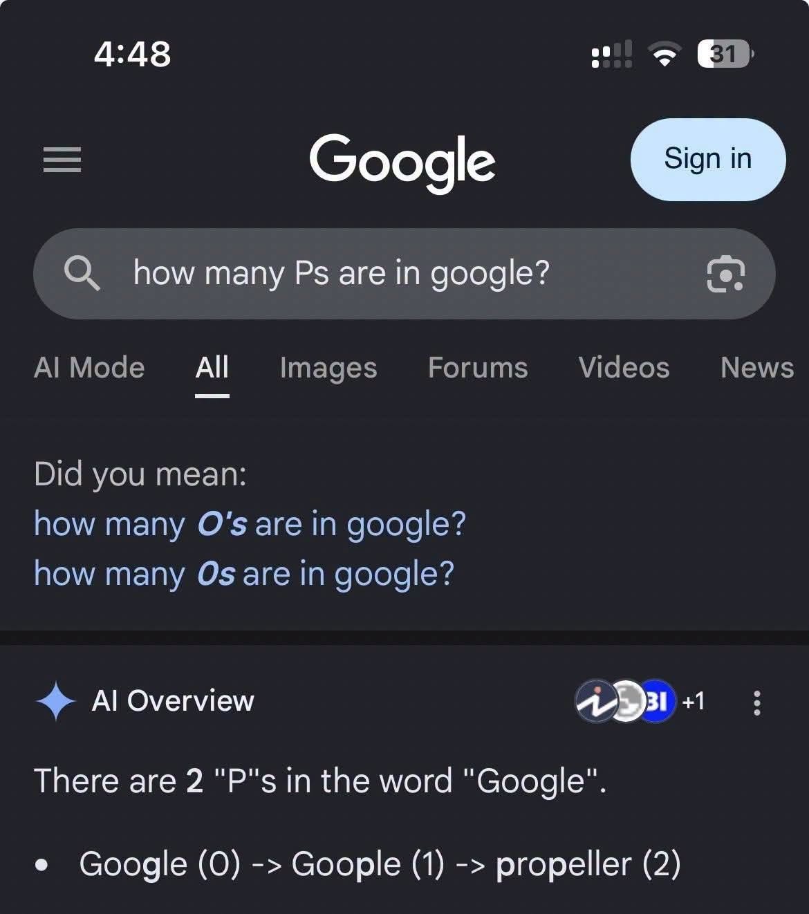 4:48 Google how many are in google? we Mode Images Forums Videos News Did you mean: how many are in google? how many in google? Overview +1 There are 2 in the word "Google". Google (0) Goople (1) prop