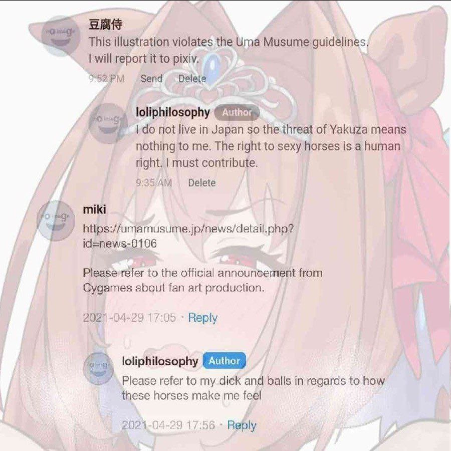 9 This illustration violates the Musume guidelines, report it to pixiy, Delete loliphilosophy not live in Japan so the threat of Yakuza means nothing to me. The right to sexy horses is а human right. 