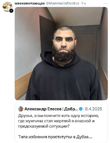 млекопитающее @MammaliaErectus (9 Александр Елесев Добр... Друзья, а вы помните хоть одну историю, где мужчина стал жертвой в опасной и предсказуемой ситуации? Типа избиения проститутки в Дубае....