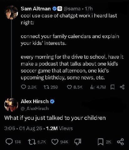 Sam Altman @sama cool use case of chatgpt work i heard last night: connect your family calendars and explain your kids' interests. every morning for the drive to school, have it make a podcast that ta
