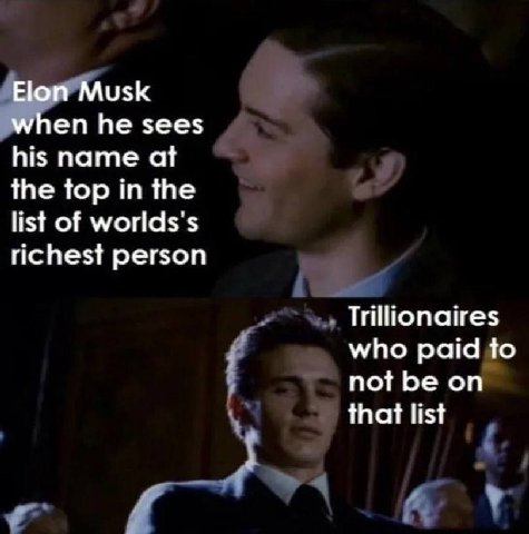 Elon Musk when he sees his name at the top in the list of richest person Trillionaires who paid to not be on that list