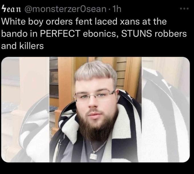 Sean @monsterzerOsean: White boy orders fent laced xans at the bando in PERFECT ebonics, STUNS robbers and killers