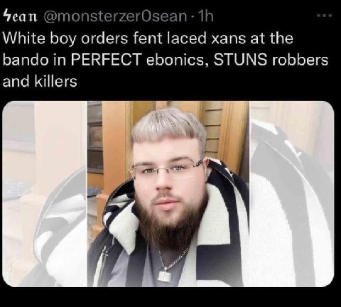 Sean @monsterzerOsean: White boy orders fent laced xans at the bando in PERFECT ebonics, STUNS robbers and killers