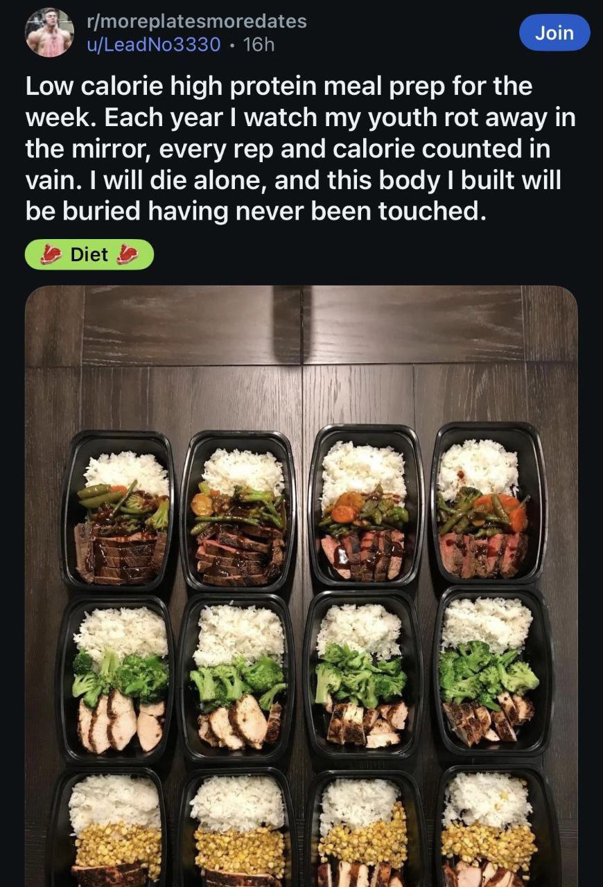 Join Low calorie high protein meal prep for the week. Each year watch my youth rot away in the mirror, every rep and calorie counted in vain. will die alone, and this body built will be buried having 