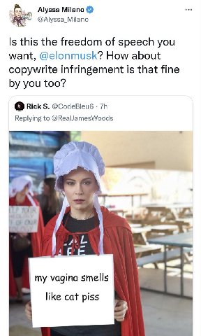 Alyssa Milano @Alyssa_Milano Is this the freedom of speech you want, @elonmusk? How about copywrite infringement is that fine you too? Rick @CodeBleu6 Replying to @RealJamesWoods Our my vagina smells 