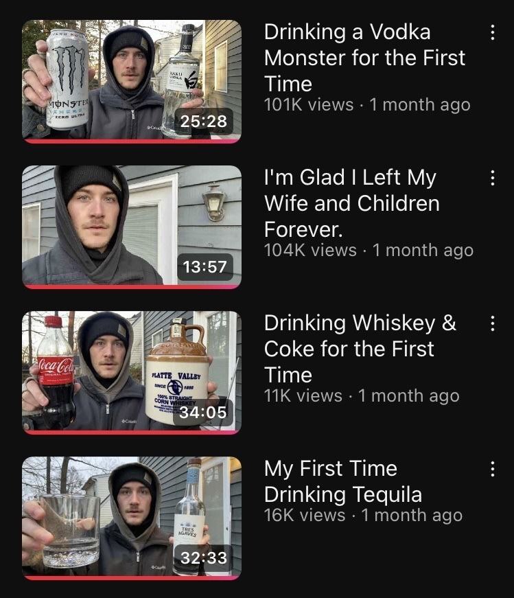 a AS} Monster for the First Time JO1K views Tmontn age 22 Glad Left My "4 Wife and Children ЕЕ views 1 month ago 13:57 к Drinking Whiskey for the First Тите views 1 age 34:05 Ste My First Time Drinkin