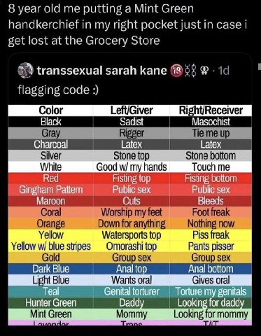 о year old me putting a Mint Green handkerchief in my right pocket just in case eet lost at the Grocery Store transsexual sarah kane cocle Black Sadist Masochist Charcoal Таех White Goodw/myhands Ging