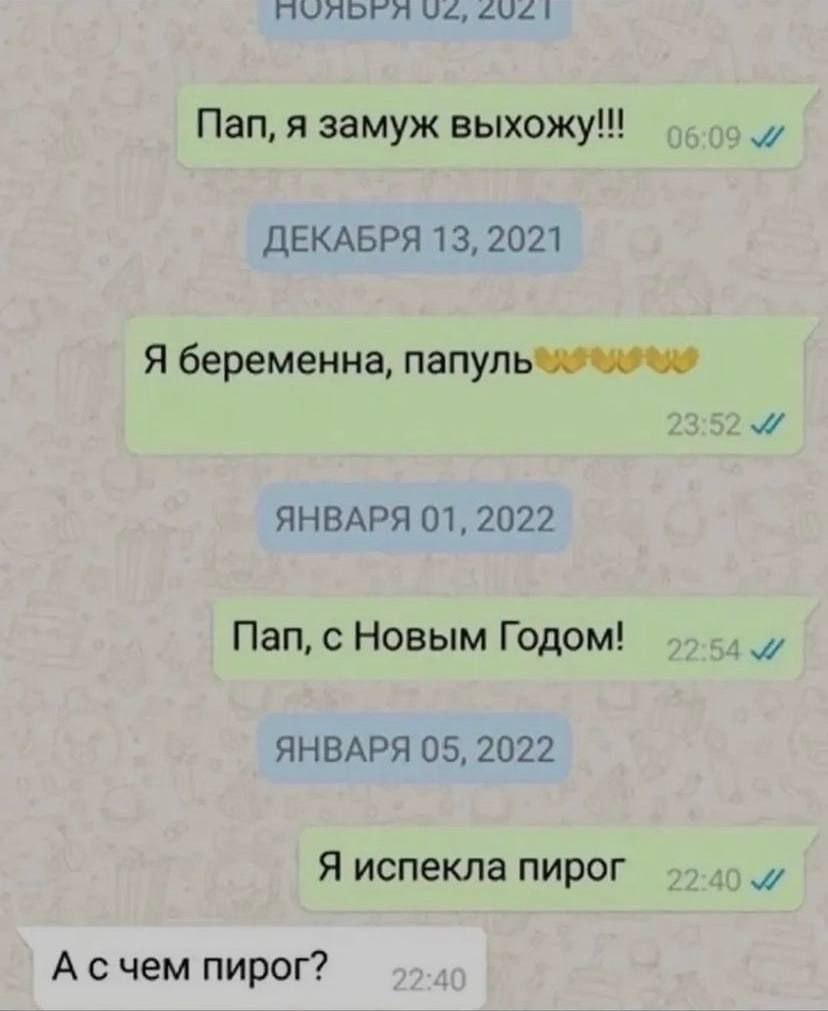 2021 Пап, я замуж выхожу!!! и ДЕКАБРЯ 13, 2021 Я беременна, ЯНВАРЯ 01, 2022 Пап, с Новым Годом! AHBAPH 05, 2022 Я испекла пирог А счем пирог?