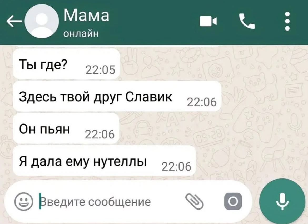 онлаин Ты где? 022.05 Здесь твой друг Славик ОН ПЬЯН 22.06 Я дала ему нутеллы Введите сообщение