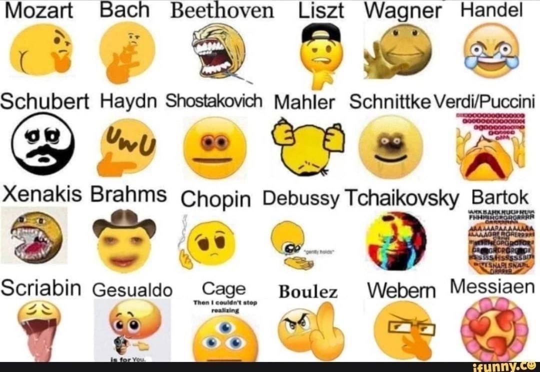 Mozart Bach Beethoven Liszt Wagner Handel 3 Schubert Haydn Shostakovich Mahler Schnittke Verdi/Puccini Mis Xenakis Brahms Chopin Debussy Tchaikovsky Bartok the Scriabin Gesualdo Cage Boulez Webern Mes