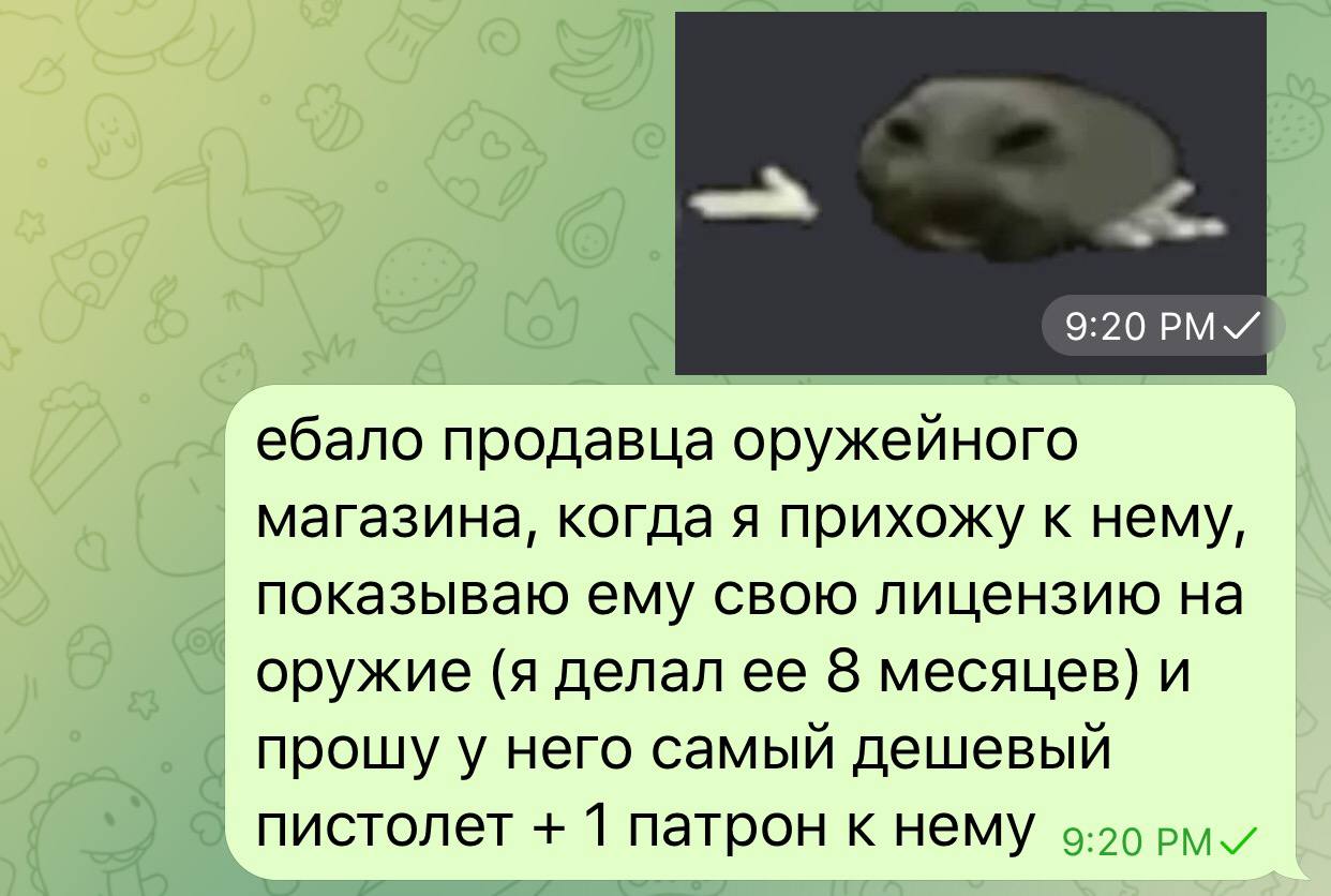 PMY ебало продавца оружейного магазина, когда я прихожу к нему, показываю ему свою лицензию на оружие (я делал ее 8 месяцев) и прошу у него самый дешевый пистолет 1 патрон к нему
