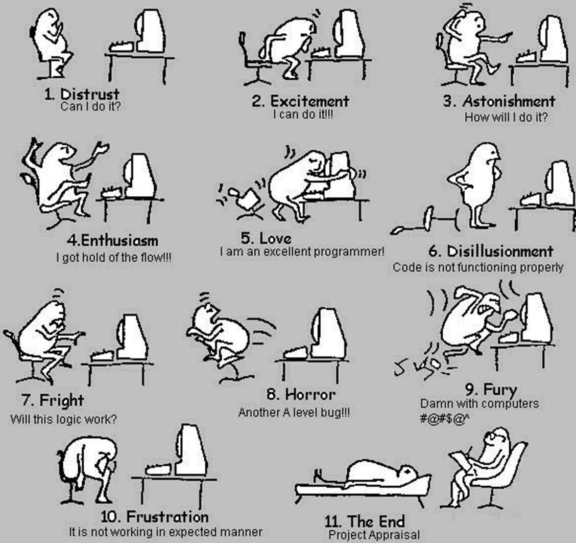 1. Distrust Can it? 2. Excitement 3. Astonishment сап itl! How will it? 4.Enthusiasm an programmer! 6. Disillusionment got hold of the Code is not functioning properly 8. Horror 9. Fury 7. Fright Anot