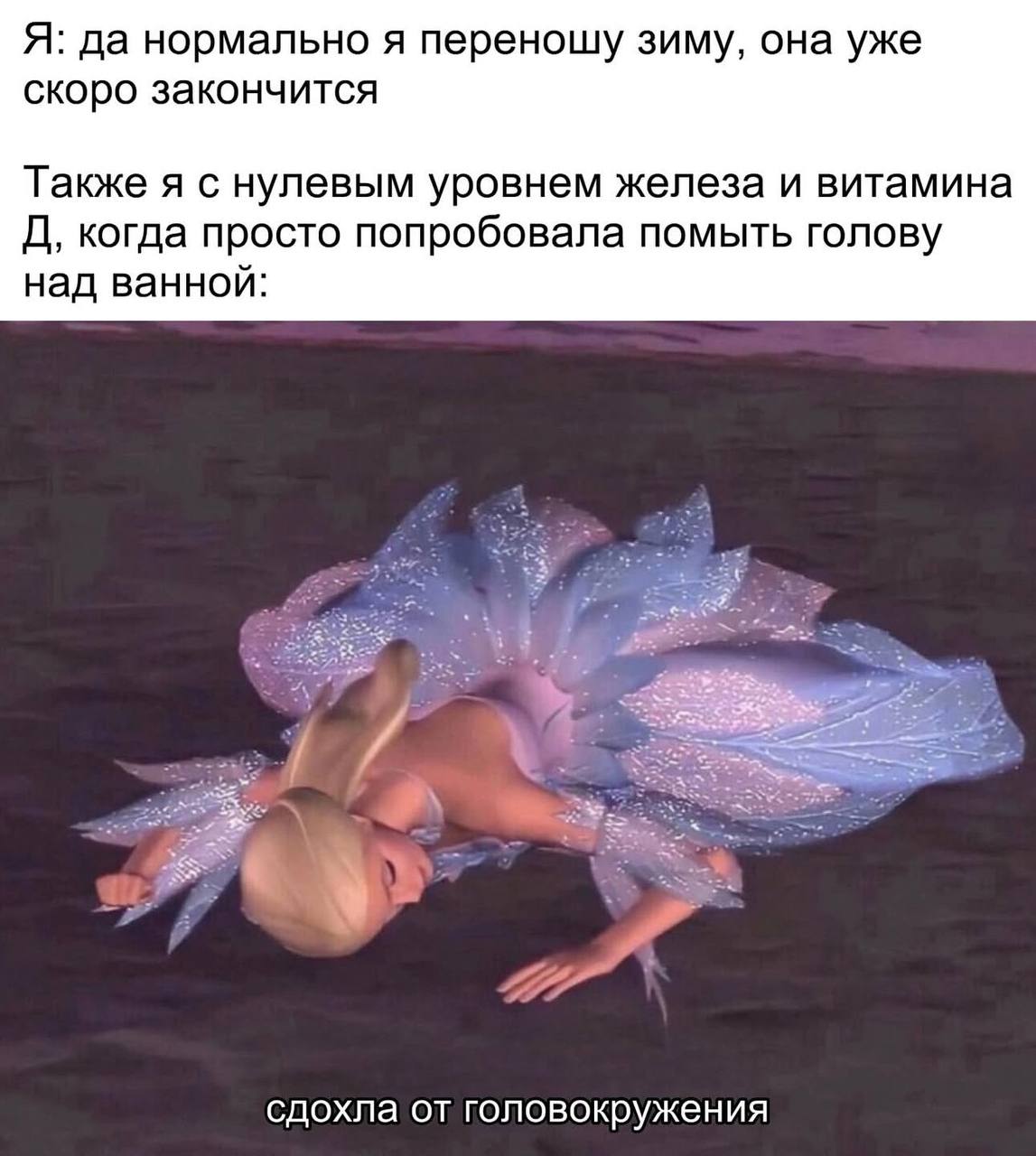 Я: да нормально я переношу зиму, она уже скоро закончится Также я с нулевым уровнем железа и витамина когда просто попробовала помыть голову над ванной: а сдохла от головокружения