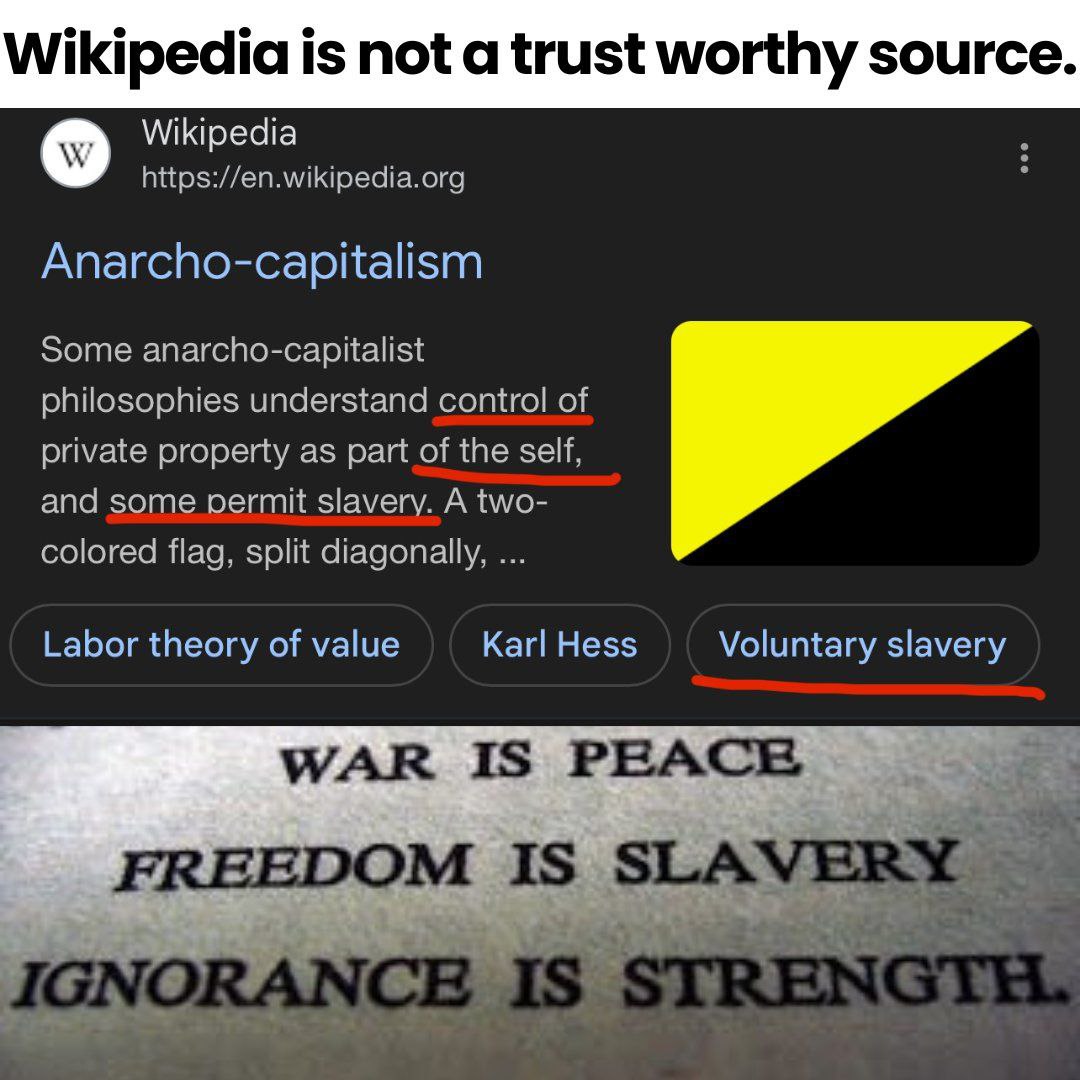 Wikipedia 1$ not a trust worthy source. о Wikipedia https://en.wikipedia.org Anarcho-capitalism Some anarcho-capitalist philosophies understand control of private property as part of the self, and som