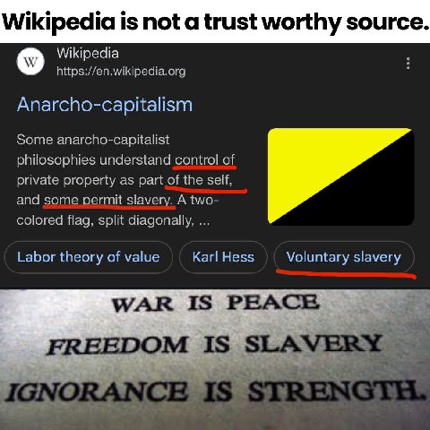 Wikipedia 1$ not a trust worthy source. о Wikipedia https://en.wikipedia.org Anarcho-capitalism Some anarcho-capitalist philosophies understand control of private property as part of the self, and som