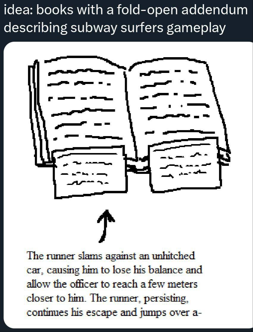 idea: books with fold-open addendum describing subway surfers gameplay The пишег slams agamst an unhitched car, causing him to lose his balance and allow the officer to reach afew meters closer to him