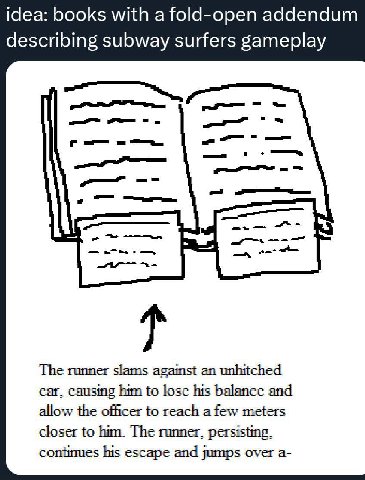 idea: books with fold-open addendum describing subway surfers gameplay The пишег slams agamst an unhitched car, causing him to lose his balance and allow the officer to reach afew meters closer to him