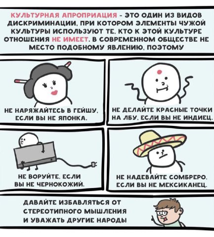 КУЛЬТУРНАЯ АПРОПРИАЦИЯ ЭТО ОДИН ИЗ ВИДОВ ДИСКРИМИНАЦИИ, ПРИ КОТОРОМ ЭЛЕМЕНТЫ ЧУЖОЙ КУЛЬТУРЫ ИСПОЛЬЗУЮТ КТО К ЭТОЙ КУЛЬТУРЕ ОТНОШЕНИЯ НЕ ИМЕЕТ. В СОВРЕМЕННОМ ОБЩЕСТВЕ НЕ МЕСТО ПОДОБНОМУ ЯВЛЕНИЮ, ПОЭТОМ