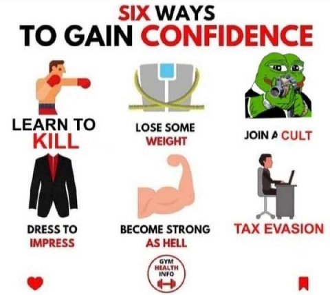 TO GAIN ‘CONFIDENCE LEARN TO LOSE SOME JOIN 4 CULT WEIGHT DRESS TO BECOME STRONG TAX EVASION IMPRESS AS HELL