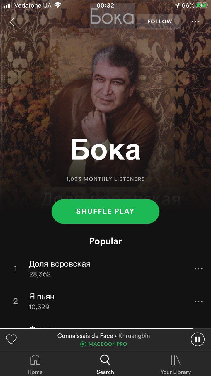 oda a 9 96% a РОКС 19 А 4 у a 4 в 2 4 7 Kee 1,093 MONTHLY LISTENERS Popular 1 Доля воровская 28,362 5 Япьян 10,529 Connaissais Face Khruangbin (и) МАСВООК РКО Ноте Search Your Library