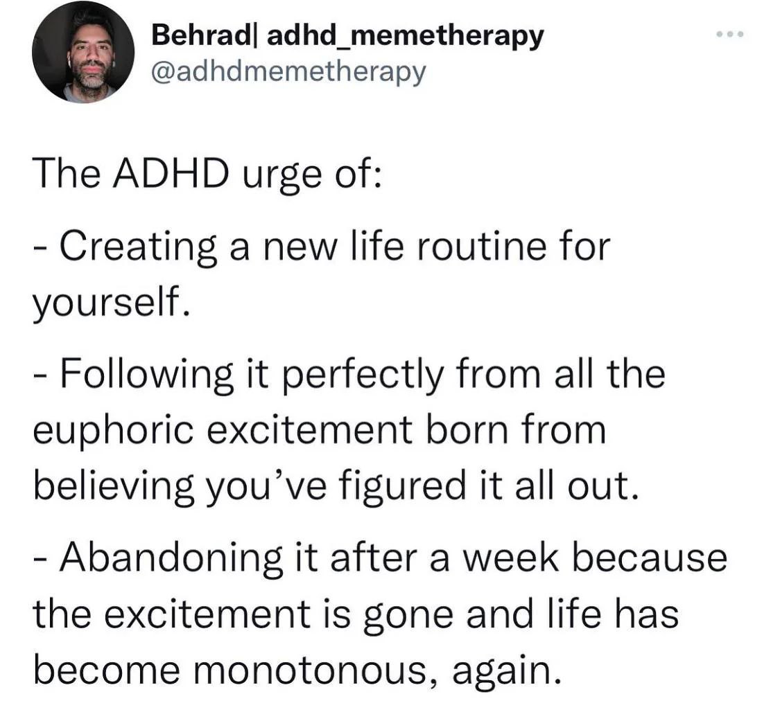Behrad| adhd_memetherapy @adhdmemetherapy The ADHD urge of: Creating a new life routine for yourself. Following it perfectly from all the euphoric excitement born from believing figured it all out. Ab