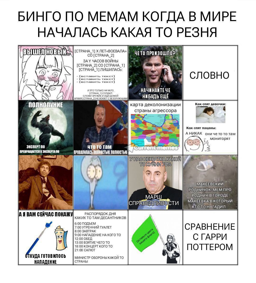 БИНГО ПО МЕМАМ КОГДА В МИРЕ НАЧАЛАСЬ КАКАЯ ТО РЕЗНЯ ВЫШЕ В [CTPAHA_1] ЛЕТ«ВОЕВАЛА» НОВЫ [СТРАНА_2] ЗАУ ЧАСОВ ВОЙНЫ ЧЕТО [CTPAHA_2] [СТРАНА_1] [СТРАНА_1] ЛИШИЛАСЬ: 2 вить СЛОВНО 22 {2 только НАЧАЛО. АЧ