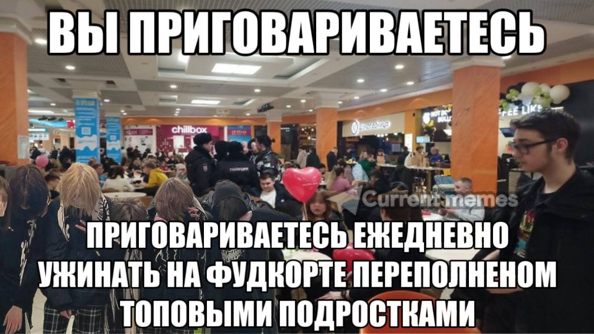 ВЫ ПРИГ ОВАРИВАЕТЕСЬ 3 ЕНЕДНЕВНО НА ФУДКОРТЕ ПЕРЕПОЛНЕНОМ ТОПОВЫМИ ПОДРОСТКАМИ