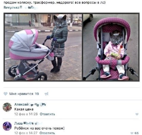 продам коляску. трасформер. недорого! все вопросы в Викулька of 1 a Мне нравится 19 Алексей Какая цена 12 фев в 14:26 Ответить Лиза Be Ребёнок вас очень похож) 12 фев в 14:27 Ответить 65