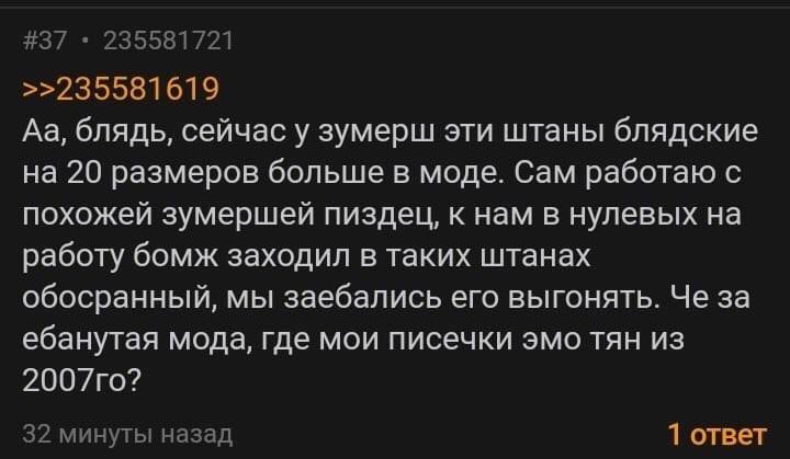 #37 235581721 >>235581619 блядь, сейчас у зумерш эти штаны блядские на 20 размеров больше в моде. Сам работаю с похожей зумершей к нам в нулевых на работу бомж заходил в таких штанах обосранный, мы за