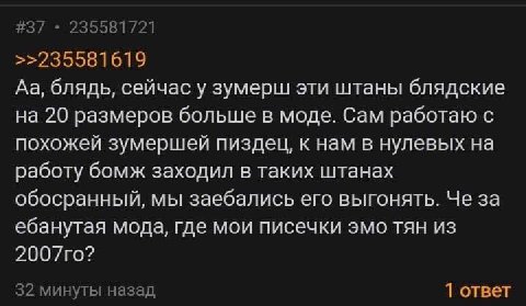 #37 235581721 >>235581619 блядь, сейчас у зумерш эти штаны блядские на 20 размеров больше в моде. Сам работаю с похожей зумершей к нам в нулевых на работу бомж заходил в таких штанах обосранный, мы за